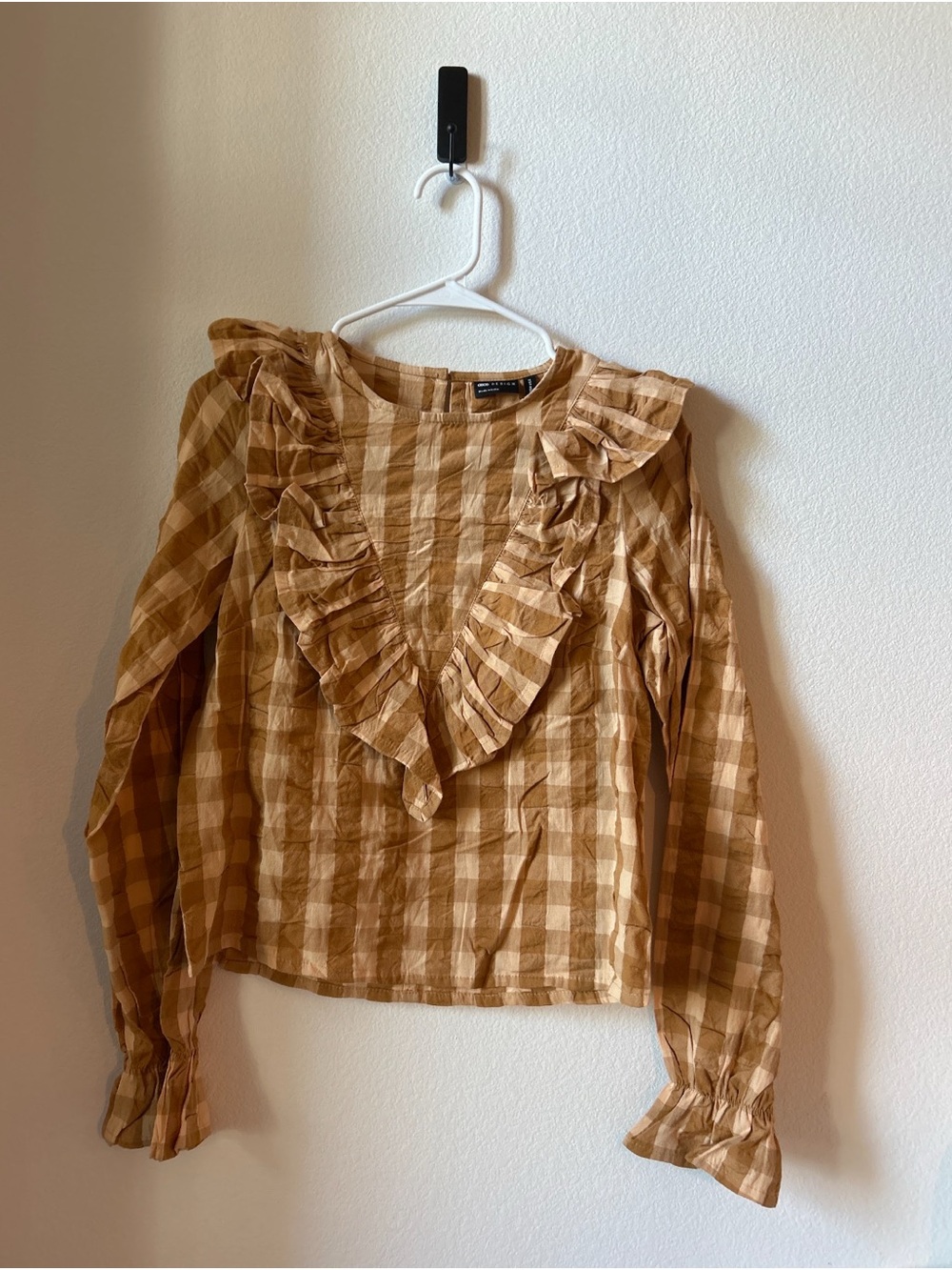 ASOS Tan Gingham Ruffle-Front Long Sleeve Top